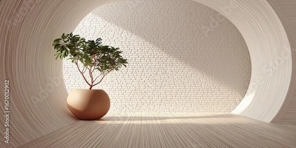 Obraz Modern arched interior with white textured wall and single potted tree, soft natural light, minimal space perfect for mockups and digital backgrounds, clean atmosphere, selective focus, copy space
