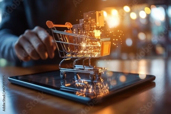 Fototapeta Shopping cart digital tablet online shopping ecommerce concept with glowing gift box and spark effects, vibrant lighting and blurred background conveying excitement and convenience