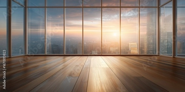 Obraz Modern panoramic room with large glass windows overlooking city skyline at sunset, wooden floor and warm lighting, perfect for digital mockups and video calls, selective focus, copy space
