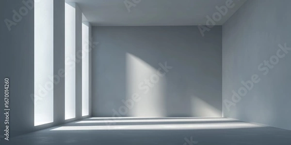 Obraz Empty gray concrete room with long shadows and narrow vertical windows, minimal architecture with abstract light play, ideal for modern mockups, selective focus, copy space

