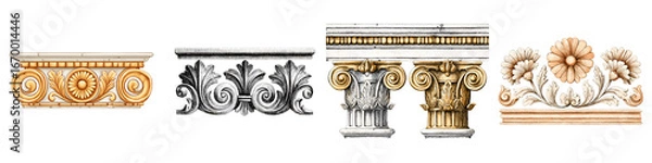 Fototapeta Set of Decorative Architectural Friezes and Capitals Isolated on White Background. Ornament, Design Element.
