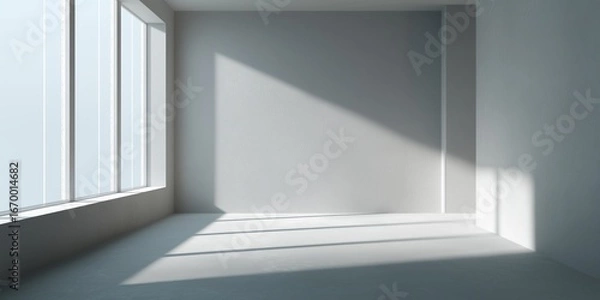 Obraz Empty modern white room with large windows and abstract shadows on walls, minimal architectural space ideal for mockups and virtual settings, clean and bright, selective focus, copy space
