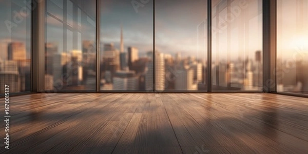 Obraz Modern panoramic room with glass walls and cityscape at sunset, warm light reflecting on wooden floor, stylish urban interior perfect for mockups and virtual use, selective focus, copy space
