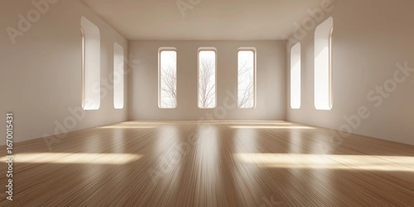 Obraz Spacious bright room with wooden flooring and glowing light from windows, modern minimal interior with elegant symmetry, ideal for digital scenes and mockups, selective focus, copy space
