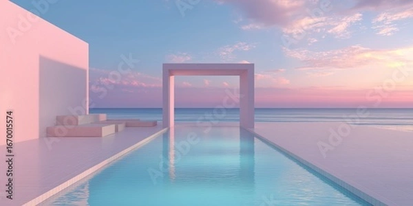 Obraz Infinity pool with pink architecture and ocean view at sunset, dreamy pastel tones and modern design, peaceful vacation setting for digital use, selective focus, copy space
