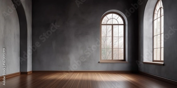 Obraz Dark classic interior with arched windows and textured walls, wooden floor and moody light, vintage room perfect for dramatic mockups and backdrops, selective focus, copy space
