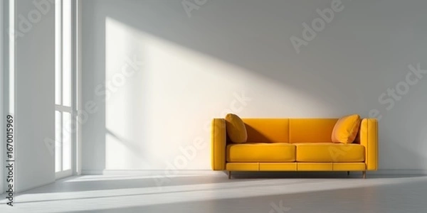 Obraz Minimal interior with vibrant yellow sofa under sunlight, bright room with shadows on white wall, perfect clean mockup scene for modern presentations, selective focus, copy space
