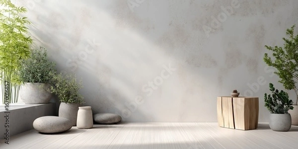 Obraz Zen-style corner with greenery, vases, and cushions against soft textured wall, natural lighting and peaceful decor ideal for mockups and digital use, selective focus, copy space
