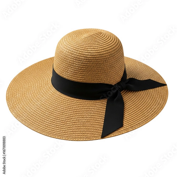 Fototapeta Straw wide-brimmed hat with black ribbon isolated transparent background Generative Ai
