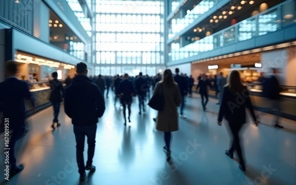 Fototapeta blurred business people walking at a trade fair, conference or walking in a modern hall, motion speed blur,  wide panoramic banner. High quality