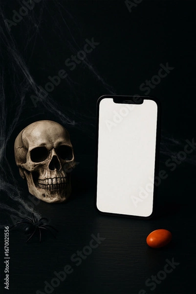Obraz Halloween Smartphone Mockup with Skull and Spider on Dark Background