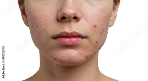 Fototapeta Skin positivity shines through in this close up of a woman's face showing natural acne and blemishes