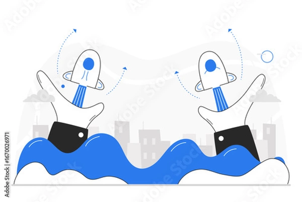 Obraz Two hands hold and launch rockets into the sky. The concepts of innovation, competition, and reaching for goals within business or startup. Clouds enhance upward movement. Vector illustration.