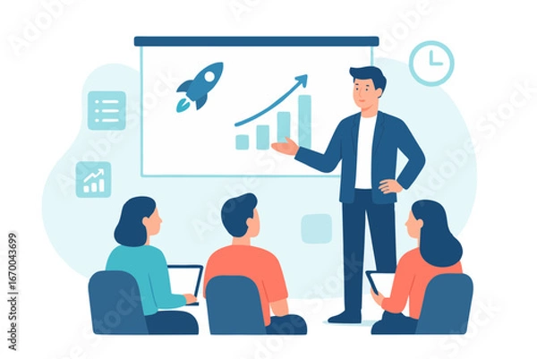 Fototapeta  Illustration of businessman presenting company growth and strategy to team.
