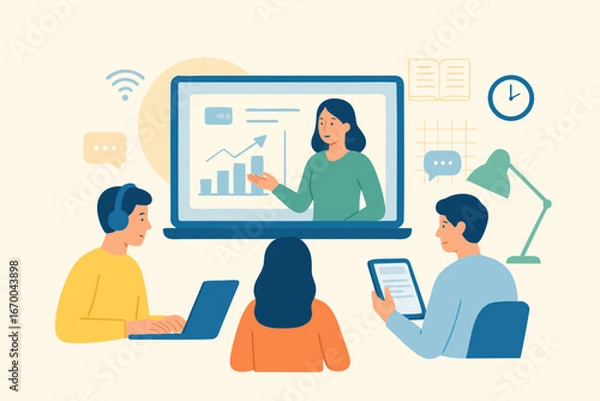 Fototapeta Woman giving online business presentation on large screen with team attending.