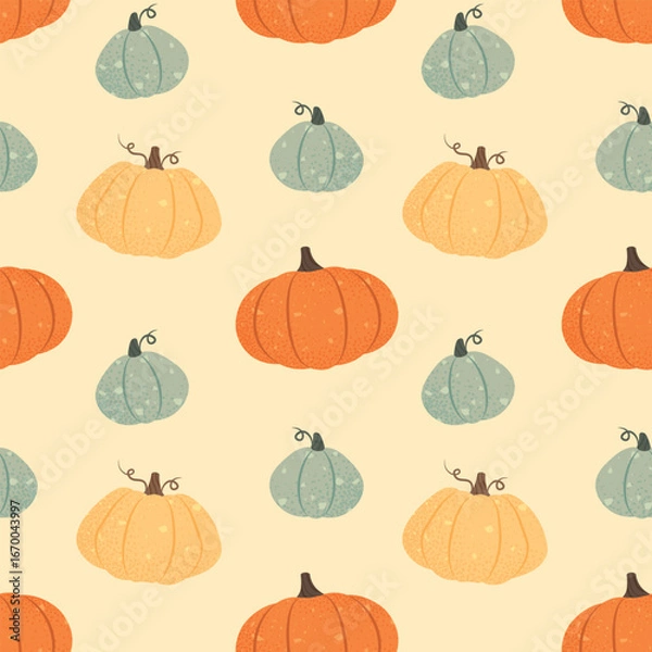 Fototapeta Seamless vector pattern with pumpkins. Fall squash ornament, bright colorful background. Warm cozy colors
