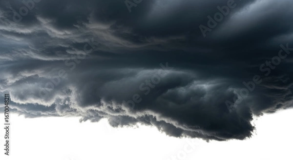 Fototapeta Immense, turbulent dark grey nimbostratus cloud, intricate swirling patterns, rough texture, hanging low against stark white background, dramatic rim lighting, raw natural power