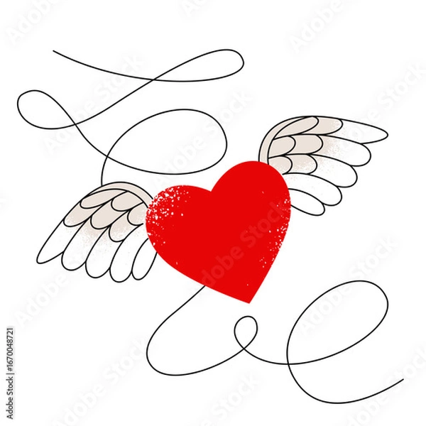 Obraz heart with wings is drawn with a contour and texture. flight path forms the word love. flat drawing. stock vector illustration. EPS 10.