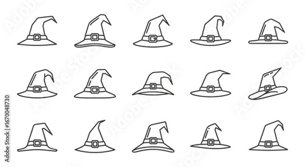 Fototapeta A diverse collection of hand-drawn witch and wizard hats in a minimalist line art style. Set of magical headwear icons perfect for Halloween designs and fantasy themes