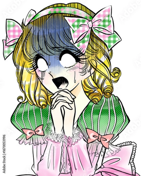 Obraz 白目で祈る昭和レトロ少女漫画の金髪お嬢様と白背景