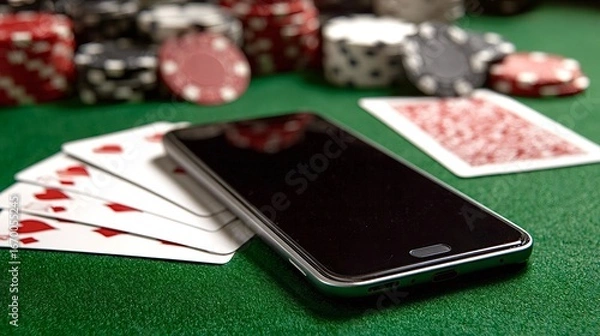 Fototapeta Smartphone resting on poker table with cards and chips displaying online gambling concept