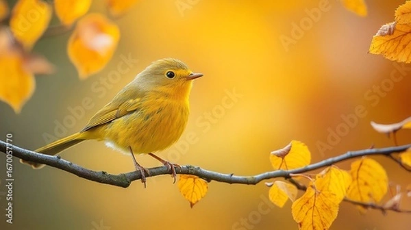 Obraz Golden Yellow Bird Perched on Branch in Autumn