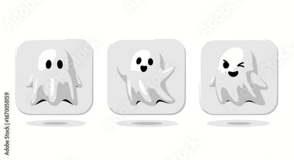Fototapeta Three adorable cartoon ghosts in a row, each with a distinct expression, set against a light grey background