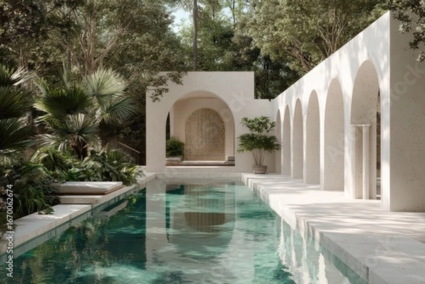 Fototapeta Elegant arabesque water pool with arched white wall, geometric carvings, and tropical garden. Modern-traditional fusion architecture featuring symmetrical arches, reflective water surface.