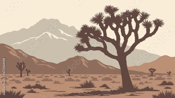 Fototapeta Desert Landscape with Yucca Trees and Mountains in Silhouette Style Illustration.