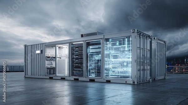 Fototapeta Data Center Inside Shipping Container with Server Racks and Network Connection