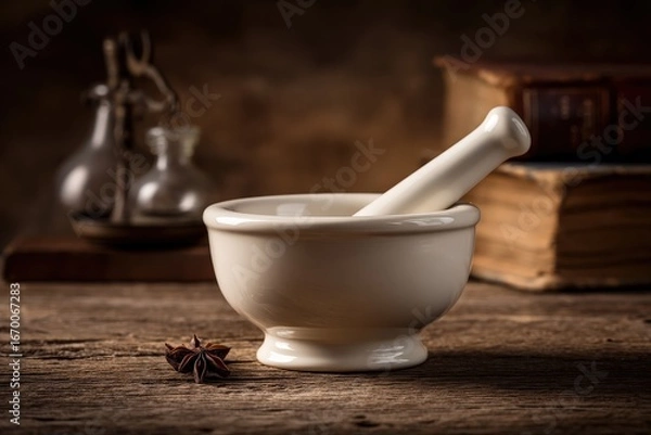 Obraz A vintage white mortar and pestle sits on a wooden table, surrounded by old books and glass bottles, evoking a sense of traditional apothecary practices.