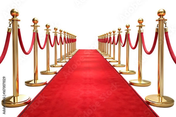 Fototapeta Red Carpet with Golden Stanchions and Velvet Ropes – Isolated on White or Transparent Background, PNG, AI Generated