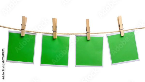 Fototapeta Row of Four Green Chroma Key Polaroid Frames Pinned on Rope with Clothespins – Isolated on White or Transparent Background, PNG, AI Generated