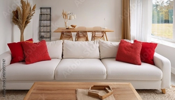 Fototapeta minimalist scandinavian style home interior design of modern living room boucle white couch with red and cream accent pillows is paired with a natural wood coffee table