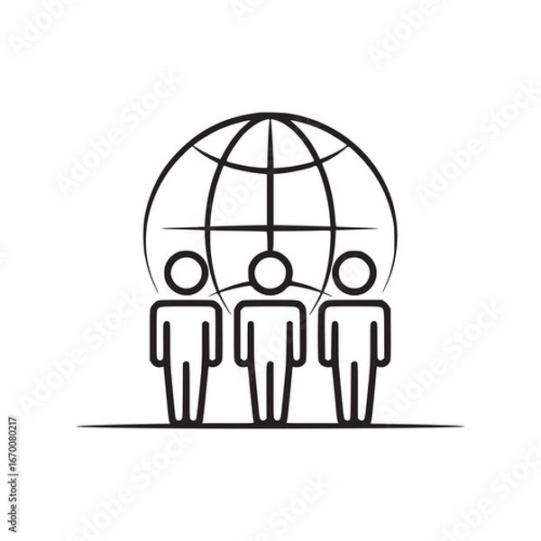Fototapeta A simple line drawing of three people standing in front of a globe outline on a white background