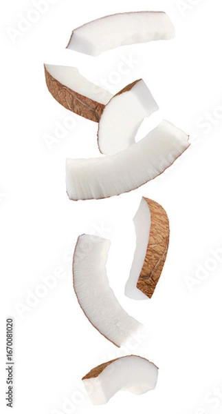 Fototapeta Thin semicircular slices of coconut falling in space. Isolated on white