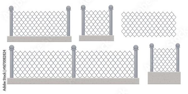 Fototapeta Chain link fence sections with metal posts and concrete bases. Wire mesh security fencing for industrial and residential properties. Gray steel construction elements set. Vector illustration isolated