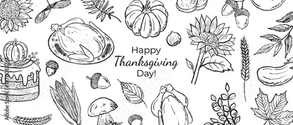 Fototapeta Happy Thanksgiving day celebration banner with roasted turkey, leaf, mushroom, pumpkin pie in black brush stroke texture on white. Hand drawn vector sketch illustration in vintage charcoal ink
