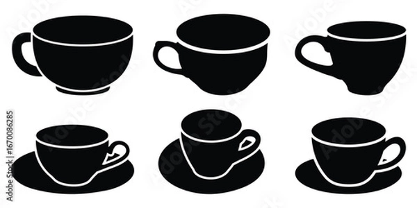 Fototapeta Black Coffee Cup Silhouettes with Steam – Elegant Vector Icons for Café and Beverage Branding