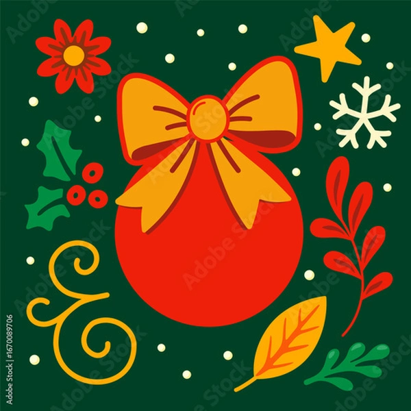 Fototapeta Christmas Ornament with Bow – Holiday Vector Design. Flat festive vector illustration of a red Christmas ornament decorated with a big bow, surrounded by holly leaves, star, snowflake