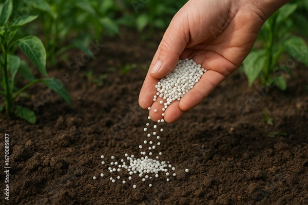 Fototapeta Application of Granulated Urea (Carbamide) Fertilizer into Soil for Plant Nutrition