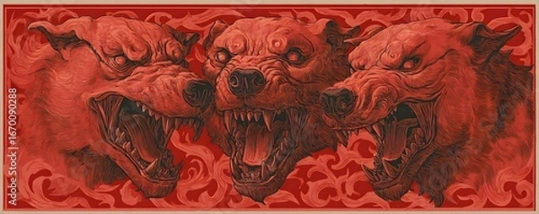 Obraz Three Roaring Bear Heads, a mythical bear monster with three heads, roaring at the sky with sharp teeth
