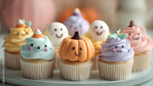 Fototapeta A pastel Halloween cupcakes for kids, decorated with soft palette and friendly faces,