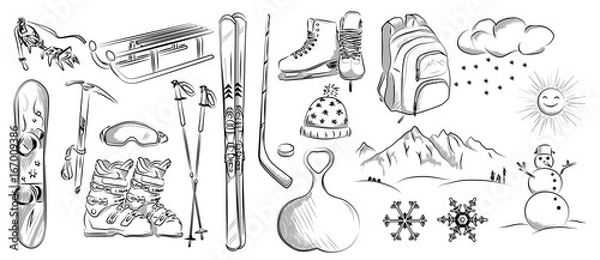 Obraz Zestaw ikon obiektów zimowych: hokej, łyżwy, narty, sanki, plecak, snowboard. Ręcznie rysowane ilustracji wektorowych.