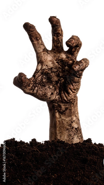 Fototapeta Rising From the Depths: A hauntingly realistic hand, emerging from the earth, its tattered and weathered skin hinting at a chilling, otherworldly presence and the darkness of the abyss.