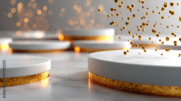Fototapeta Gold - Foil Decorated Round Display Podiums, Floating Gold Particles & Soft Light for Luxury Display, High - end Launch
