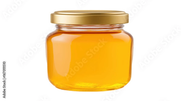 Fototapeta Glass jar of golden honey with lid, photorealistic PNG isolated on transparent background, natural soft lighting.