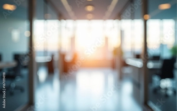 Fototapeta Beautiful blurred background of a light modern office interior with panoramic windows and beautiful lighting.Generative AI. High quality
