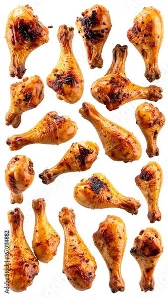 Fototapeta Roasted chicken drumsticks arranged on a white background (1)