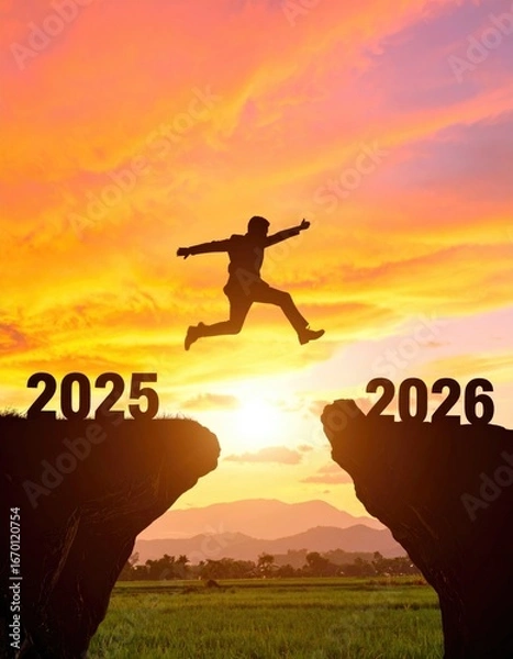 Fototapeta man Shiluete jump on cliff at sunset between 2025 and 2026 new year cocnept